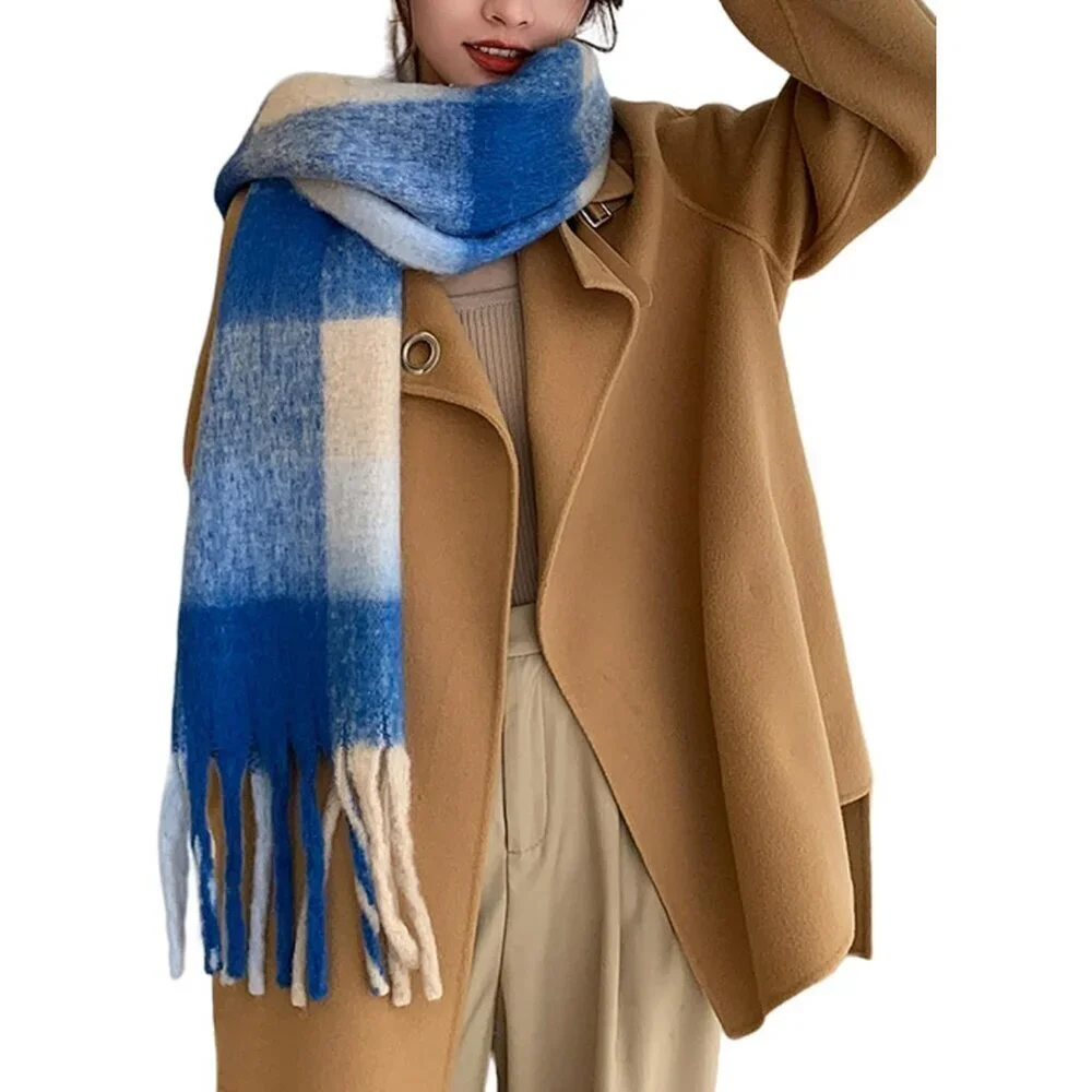 Women's Khaki Blue Winter Warm Long Shawl Cold Weather Thick Blanket Scarf